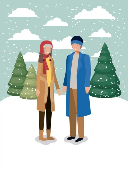 Couple dans le paysage de neige avec des vêtements d'hiver — Image vectorielle