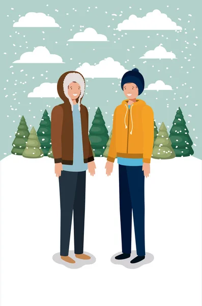 Couple d'hommes dans le paysage de neige avec des vêtements d'hiver — Image vectorielle