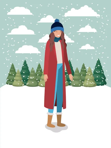 Жінка в сніжному пейзажі з зимовим одягом — стоковий вектор