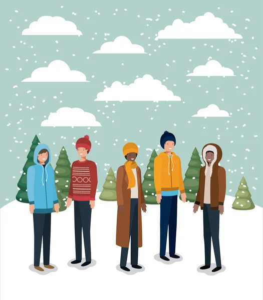 Groupe d'hommes dans le paysage de neige avec des vêtements d'hiver — Image vectorielle