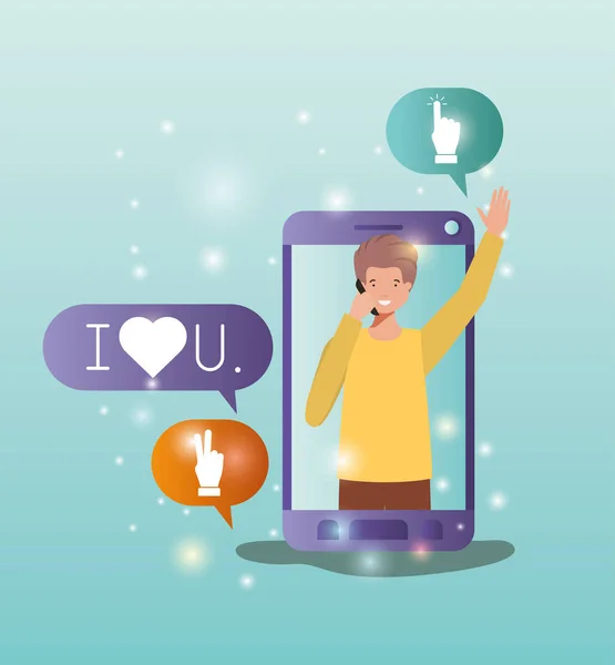 Man in smartphone met sociale media bubbels — Stockvector