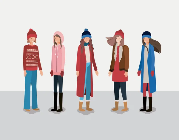 Groep vrouwen met winter kleding — Stockvector