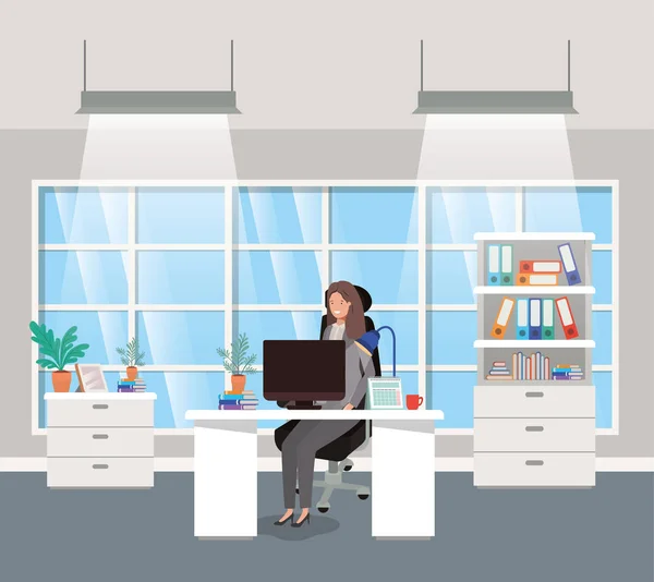 Modern office with businesswoman sitting — Stock Vector