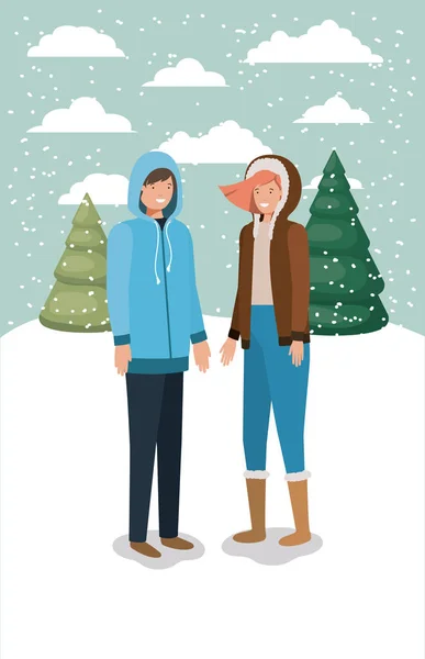 Paar in Schneelandschaft mit Winterkleidung — Stockvektor