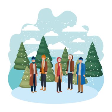 avatar karakter vektör çizim tasarım grup insan kış giysileri ve Noel ağaçları