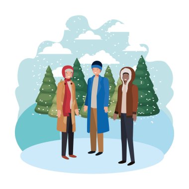 avatar karakter bir grup insan kış giysileri ve Noel ağaçları