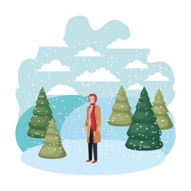 Genç adam kış giysileri ve kış çam avatar karakter