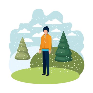 Genç adam kış giysileri ve kış çam avatar karakter