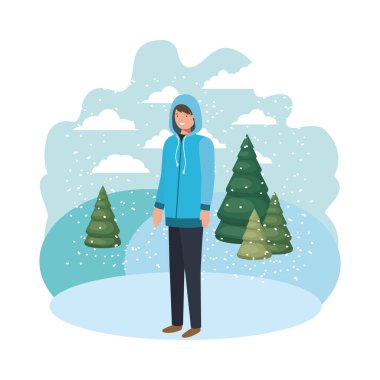 Genç adam kış giysileri ve kış çam avatar karakter