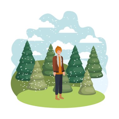 Genç adam kış giysileri ve kış çam avatar karakter