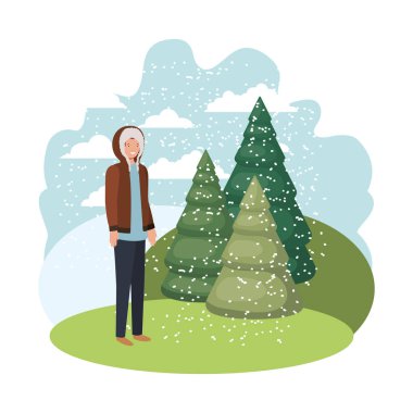 Genç adam kış giysileri ve kış çam avatar karakter