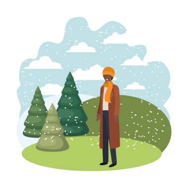 Genç adam kış giysileri ve kış çam avatar karakter