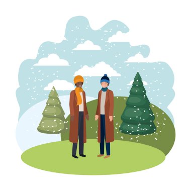 Erkekler kış giysileri ve kış çam ağaçları avatar karakter