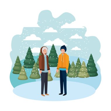 Erkekler kış giysileri ve kış çam ağaçları avatar karakter