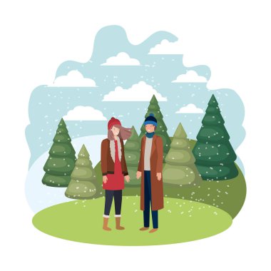 kış giysileri ve kış çam avatar karakter ile çift