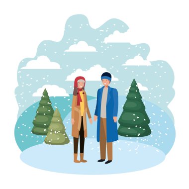 kış giysileri ve kış çam avatar karakter ile çift