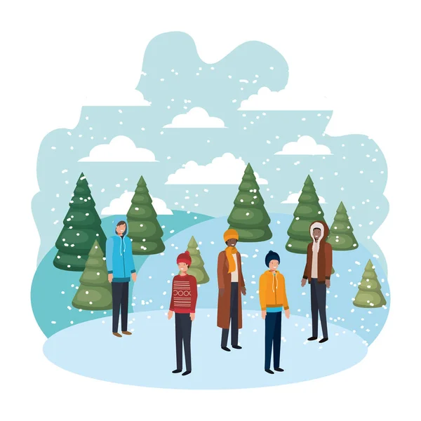 Grupo de personas con ropa de invierno y árboles de navidad carácter avatar — Vector de stock