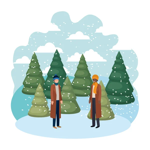 Uomini con vestiti invernali e pini invernali avatar personaggio — Vettoriale Stock