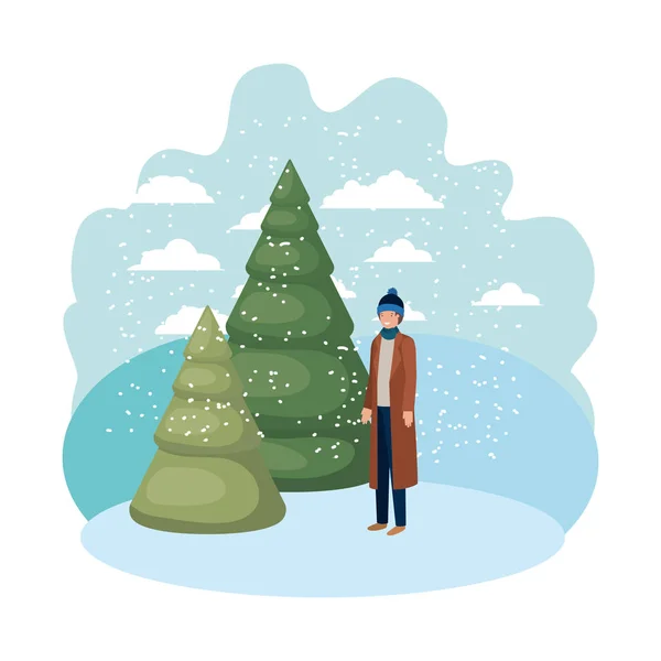 Jonge man met winter kleding en winter pine avatar karakter — Stockvector