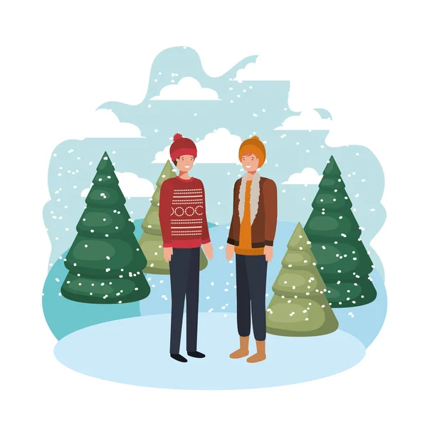 Men with winter clothes and winter pine trees avatar character — Stock Vector