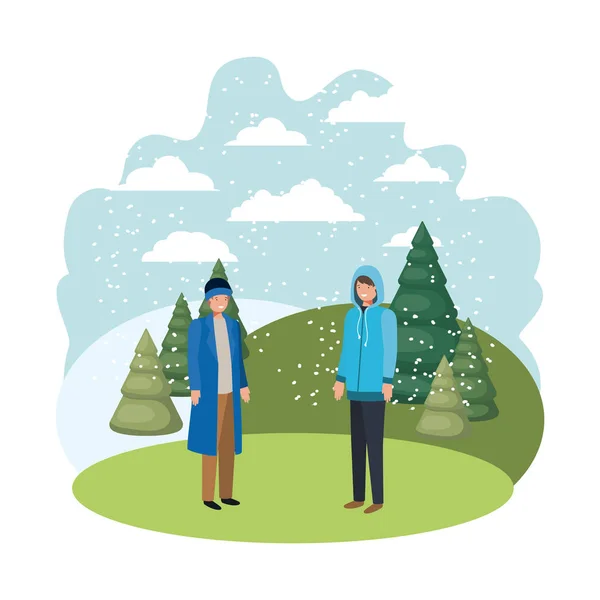Mannen met winter kleding en winter pine bomen avatar karakter — Stockvector
