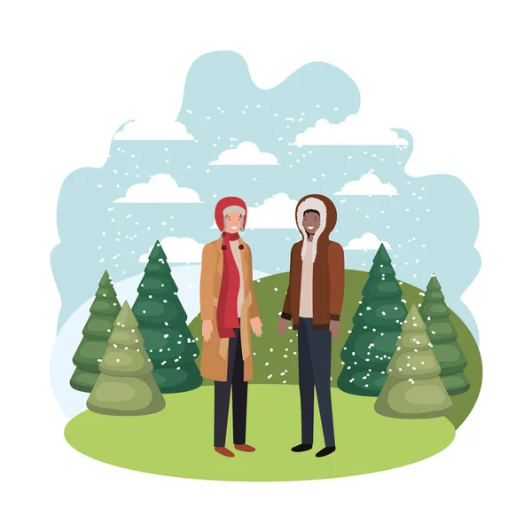 Hommes avec des vêtements d'hiver et des pins d'hiver avatar caractère — Image vectorielle