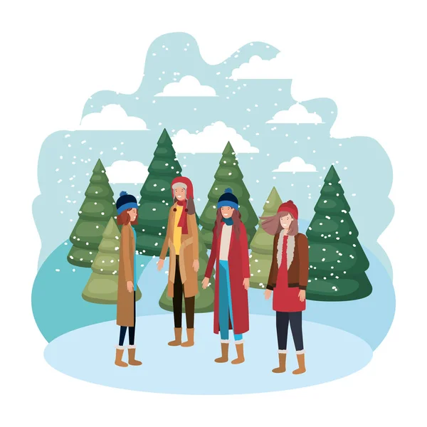 妇女与冬天衣服和冬天松树头像字符 — 图库矢量图片