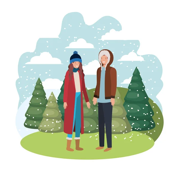 Пара с зимней одеждой и персонажем зимнего аватара — стоковый вектор