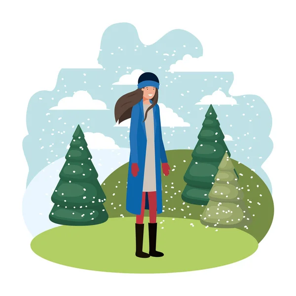 Fiatal nő téli ruhák és a téli fenyők avatar karakter — Stock Vector