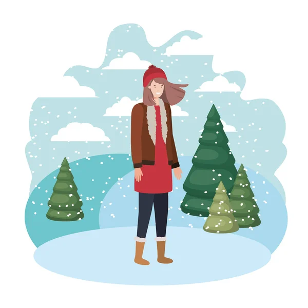 冬の服と冬松アバター キャラクターを持つ若い女性 — ストックベクタ