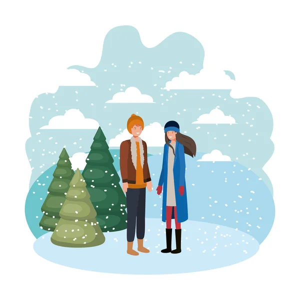 Couple avec vêtements d'hiver et avatar de pin d'hiver caractère — Image vectorielle