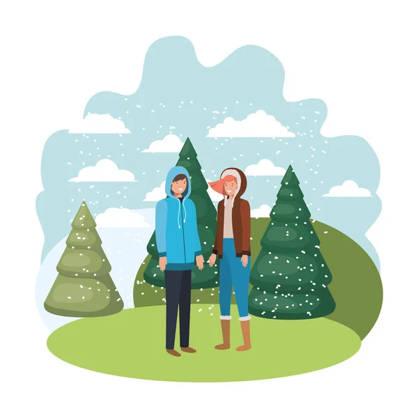 Couple avec vêtements d'hiver et avatar de pin d'hiver caractère — Image vectorielle