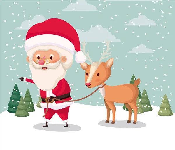 Papai Noel personagem com renas na neve — Vetor de Stock