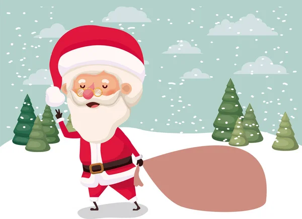 Santa Claus con bolsa de regalos en paisaje de nieve — Archivo Imágenes Vectoriales