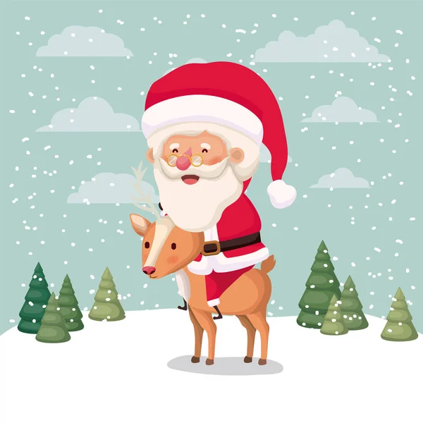 Персонаж Санта-Клауса с оленями в снежном пейзаже — стоковый вектор