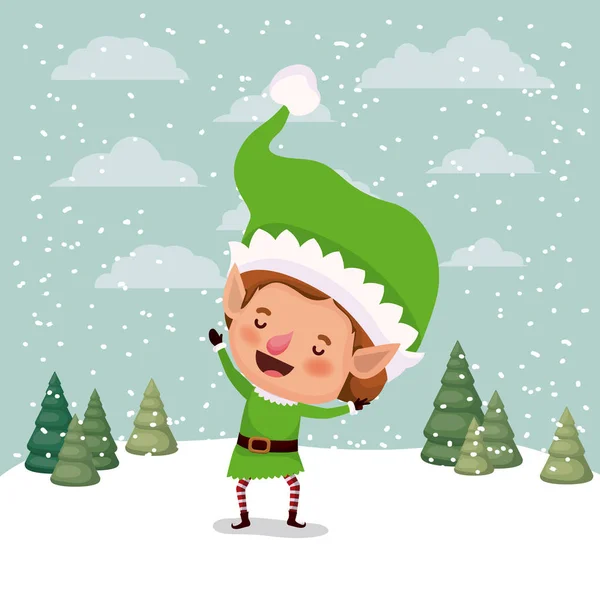 Kis karácsonyi elf karaktert snowscape — Stock Vector