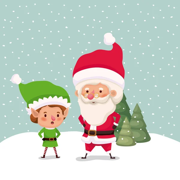 Malý Elf Santa Claus Znaky Snowscape Vektorové Ilustrace — Stockový vektor