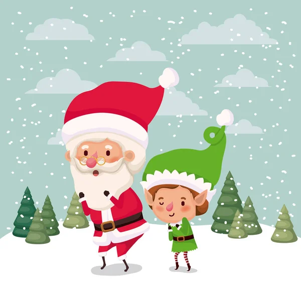 小精灵和圣诞老人人物在雪景向量例证 — 图库矢量图片