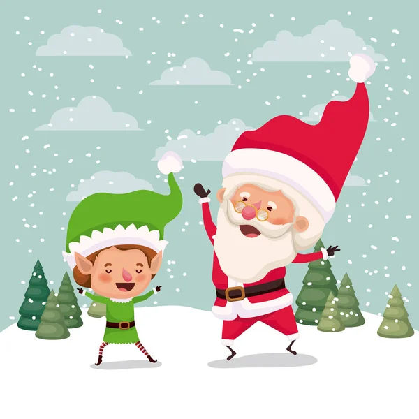 Kleine tekens in snowscape elf en santa claus — Stockvector