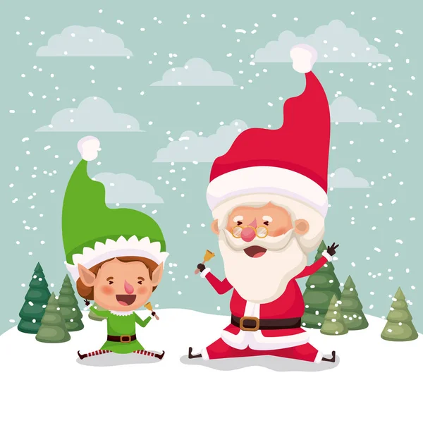 Pequeño elfo y santa claus personajes en el paisaje de nieve — Vector de stock