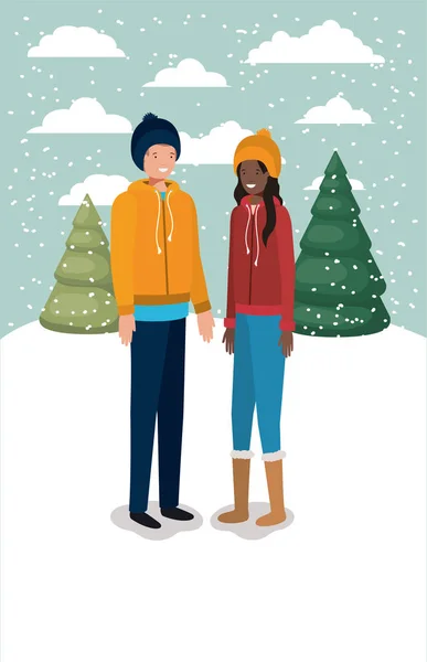 冬の服と雪景色の男性のカップル ベクトル イラスト デザイン — ストックベクタ