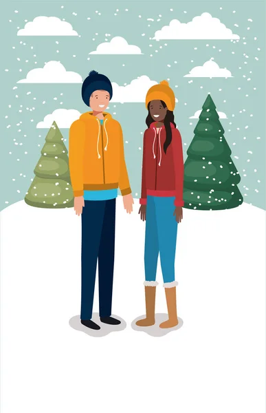 Couple Hommes Dans Paysage Neige Avec Des Vêtements Hiver Vectoriel — Image vectorielle