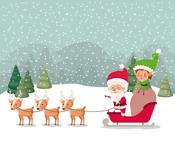圣诞老人和助手与马车雪景 — 图库矢量图片