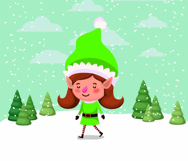 Fille mignonne Santa helper dans le paysage de neige — Image vectorielle