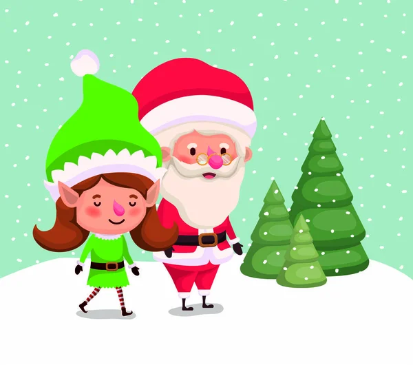 Cute santa claus and girl helper in the snowscape — Stock Vector