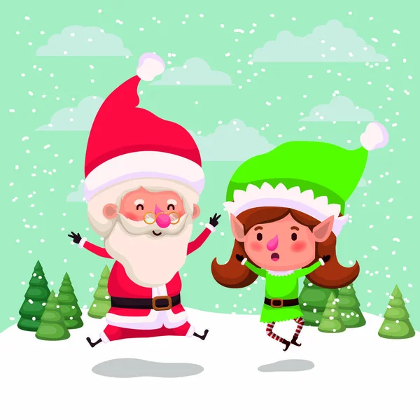 Lindo santa claus y chica ayudante en el paisaje de nieve — Vector de stock