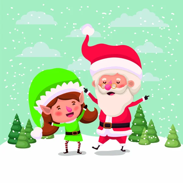 Cute santa claus and girl helper in the snowscape — Stock Vector