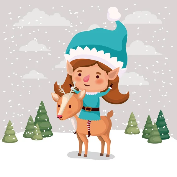 Cute girl santa helper with reindeer in snowscape — Stock Vector