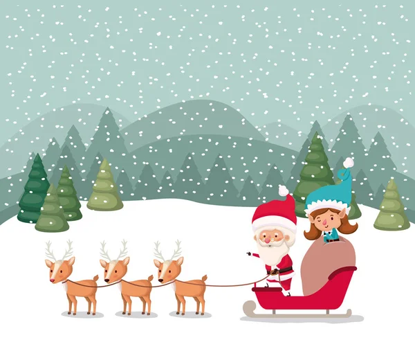 圣诞老人和带着雪橇和驯鹿的女孩帮手 — 图库矢量图片