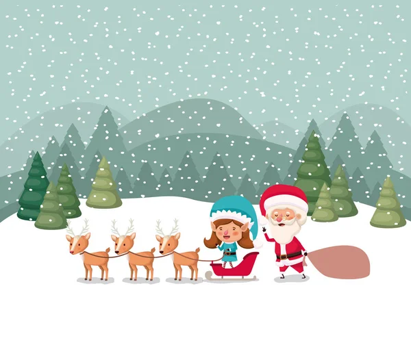 Santa claus and girl helper with sled and reindeer — Stock Vector